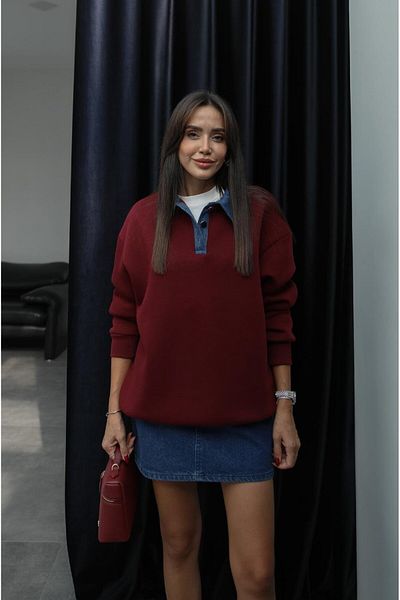 Havoş Hanorac înălțat cu guler roșu Claret cu detaliu din denim