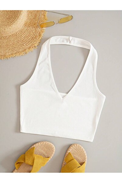 Liona V-Neck Halter Strap White Color Patternless Sleeveless Ribbed Lycra Fit Crop Top Blouse