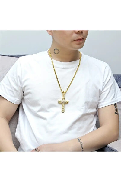 FEEL Erkek Moda Takı Beyaz Kristal Kakmalı Paslanmaz Çelik Haç Kolye Zincir K...