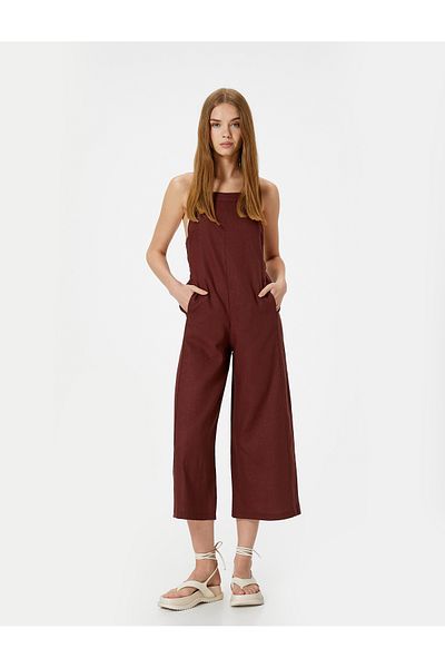 Koton Leinen-Overall in Capri-Länge mit Taschen und dünnen Trägern auf der Rückseite