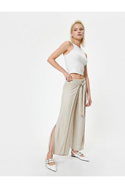 Koton Slit Double-Breasted Summer Trousers - Wide Leg and Tie Detail