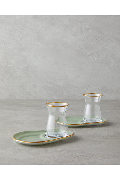 English Home طقم شاي ريترو ريم زجاجي 4 قطع لشخصين 130 مل أخضر-ذهبي