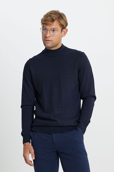 ALTINYILDIZ CLASSICS Men's Navy Blue Woolen Warm Standard Fit Half Turtleneck Honeycomb Textured Knitwear Sweater