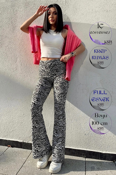 Siyah Kadın Zebra Desenli Likralı Yüksek Bel Toparlayıcı Ispanyol Paça Tayt P...