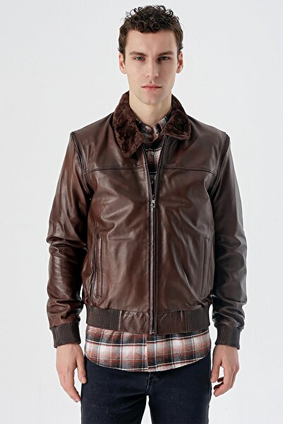 İmza Dark brown shirt collar genuine leather comfort fit casual cut casual jacket 1038235208