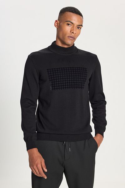 ALTINYILDIZ CLASSICS Pulover pentru bărbați, negru, 100% bumbac, cu croiala standard, cu jumătate de gât țesut, cu imprimeu
