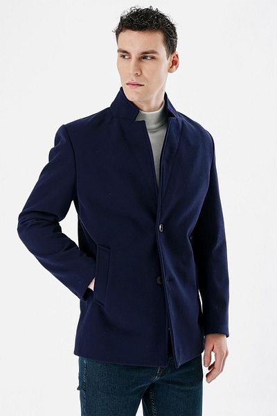İmza Тъмно тъмносиньо щамповано щамповано яка с подплата Slim Fit Slim Fit ежедневно палто1007235170