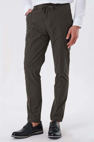 İmza Koyu Vizon Çizgili Armürlü % 100 Pamuk Yan Cep Slim Fit Dar Kesim Casual Pantolon 1003230159