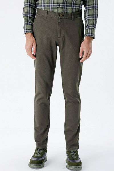 İmza Σκούρο χακί βαμβακερό παντελόνι Chino Casual Slim Fit με πλαϊνές τσέπες 1003235120
