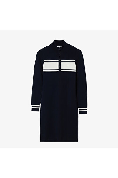 Lacoste Slim Fit Uzun Kollu Fermuarlı Yaka Renk Bloklu Lacivert Elbise