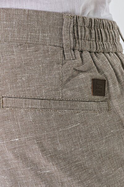 İmza Koyu Kahverengi Desenli Keten Karışımlı Yan Cepli Lastikli Comfort Rahat Kesim Casual Pantolon 10032