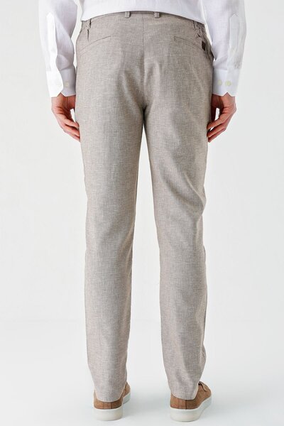 İmza Koyu Kahverengi Desenli Keten Karışımlı Yan Cepli Lastikli Comfort Rahat Kesim Casual Pantolon 10032