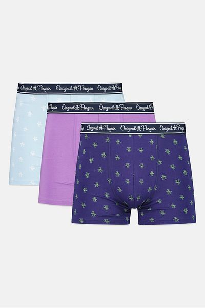 Original Penguin بوكسر رجالي مطبوع بالكامل، 3 قطع، بنفسجي/أرجواني فاتح/أزرق فاتح