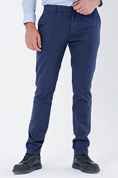 İmza Lacivert Desenli Armürlü Yan Cepli Slim Fit Dar Kesim Casual Pantolon 1003235119