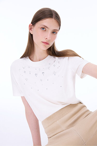 Perspective Sunrise Regular Fit Short Sleeve Crew Neck Ecru Color Women's T-Shirt