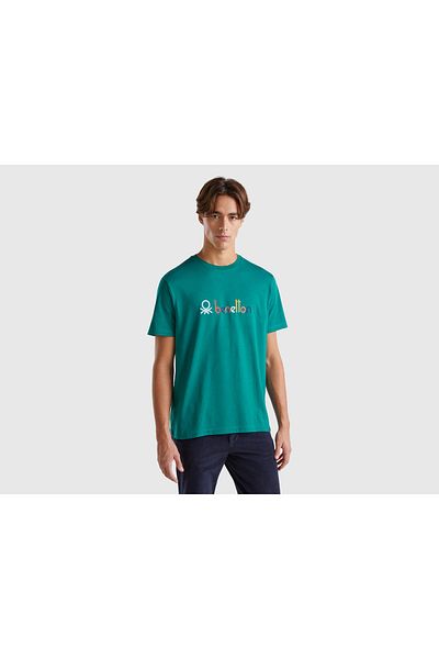 United Colors of Benetton Tricou pentru bărbați, verde închis, 100% bumbac, cu mânecă scurtă, cu gât rotund