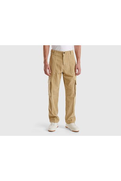 United Colors of Benetton Men's Beige 100% Cotton Pocket Detailed Straight Leg Cargo Pants