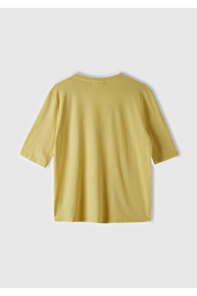 United Colors of Benetton Women's Light Yellow Cotton Linen Blended V-Neck Relaxed Fit T-Shirt