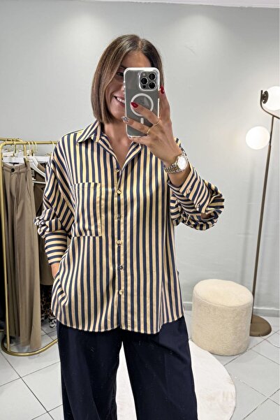 Bucle By Gizem Çizgili Pamuk Saten Gömlek Lacivert