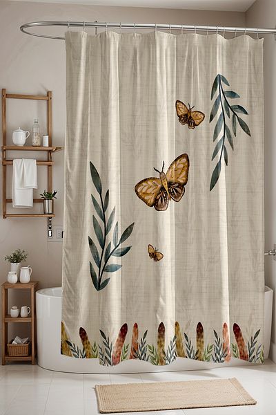 EVPANYA 175x200cm Κουρτίνα μπάνιου με μοτίβο Bohemian Feathers and Flying Butterflies - Κουρτίνα μπανιέρας