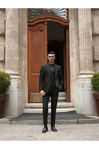 LONATOLİA Men's Suit Swallow Collar Italian Cut Slim Fit Jacket Vest Pants-Black
