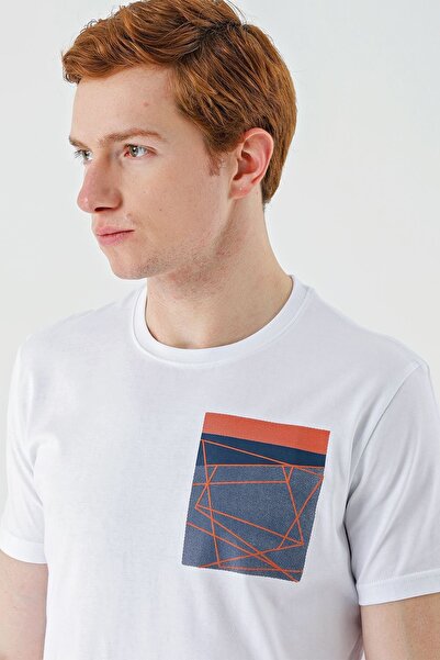 İmza Λευκό εμπριμέ υφασμάτινο μπλουζάκι με λαιμόκοψη 100% βαμβάκι Casual Slim Fit Slim Fit T-shirt 1011240169