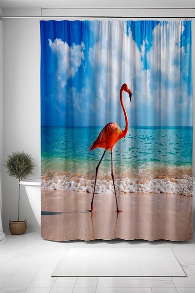 EVPANYA Perdeau de baie, perdea de duș cu model Flamingo pe plajă, perdea de cadă 175x200cm