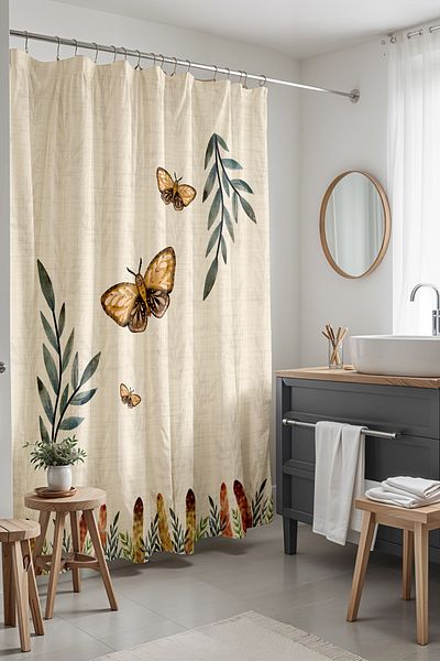 EVPANYA 175x200cm Κουρτίνα μπάνιου με μοτίβο Bohemian Feathers and Flying Butterflies - Κουρτίνα μπανιέρας