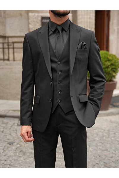 LONATOLİA Men's Suit Swallow Collar Italian Cut Slim Fit Jacket Vest Pants-Black