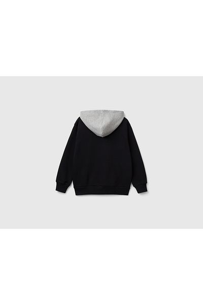 United Colors of Benetton Boy's Black Front Printed Hooded Contrast Color Sweatshirt