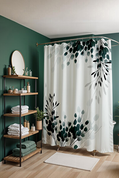 EVPANYA Занавіска для ванної кімнати, зелена з чорним візерунком у вигляді ли...