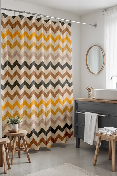 EVPANYA 175x200cm Perdele de baie cu textura din iuta cu model - Zigzag și perdea pentru cadă
