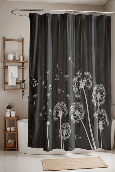 EVPANYA Κουρτίνα μπάνιου με λευκό σχέδιο - Flying Dandelions, Κουρτίνα μπανιέρας 175x200cm