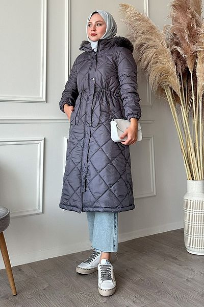 InStyle Γκρι καπιτονέ παλτό - Μαζευμένη μέση