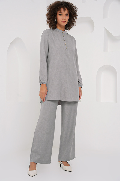Bigdart 6678 Keten Tunik Pantolon İkili Takım - Gri