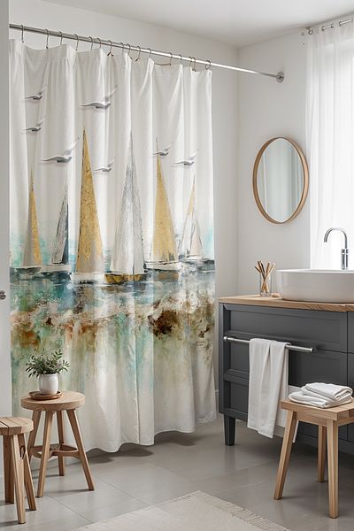 EVPANYA Κουρτίνα μπάνιου με σχέδια 175x200cm - Σανδάλια στη θάλασσα και γλάροι