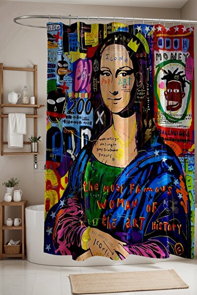 EVPANYA Banyo Perdesi, Mona Lisa Art Desenli Duş Perdesi, Küvet Perdesi 175x200cm