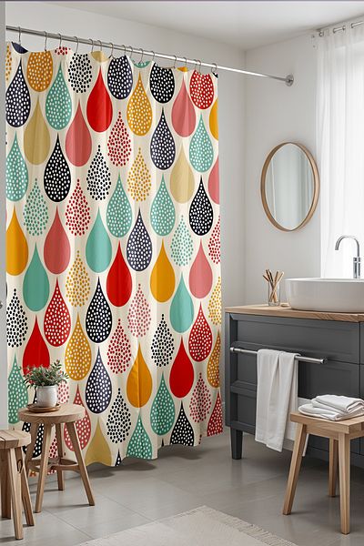 EVPANYA Πολύχρωμη κουρτίνα μπάνιου πουά 175x200cm - Κουρτίνα μπάνιου με σταγόνες νερού και σχέδια