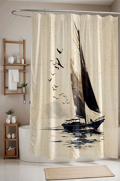EVPANYA Κουρτίνα μπάνιου με σχέδια 175x200cm - Κουρτίνα μπάνιου Man and Flying Birds, Κουρτίνα μπανιέρας