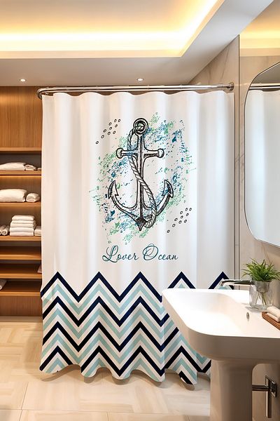 EVPANYA Perdele de baie cu model în zig-zag albastru - Ancoră și perdea pentru cadă 175x200cm