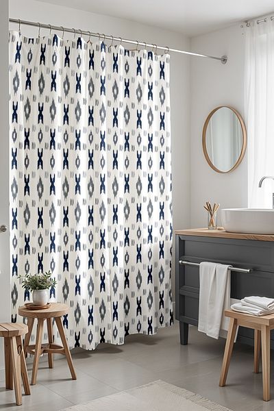 EVPANYA Γεωμετρική κουρτίνα μπάνιου Navy Blue Grey με σχέδιο Ikat - Κουρτίνα μπανιέρας 175x200cm