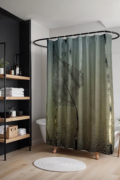 EVPANYA Leaf Silhouette in Rainy Glass Κουρτίνα Μπάνιου - Κουρτίνα Μπανιέρας 175x200cm