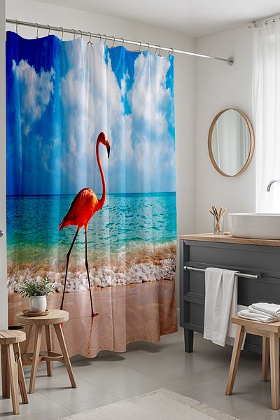EVPANYA Perdeau de baie, perdea de duș cu model Flamingo pe plajă, perdea de cadă 175x200cm