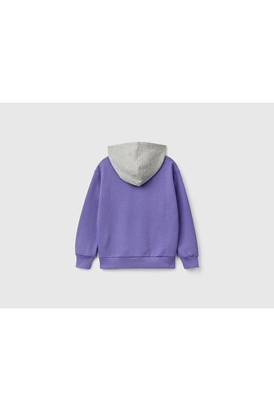 United Colors of Benetton Boy's Purple Front Printed Hooded Contrast Color Sweatshirt