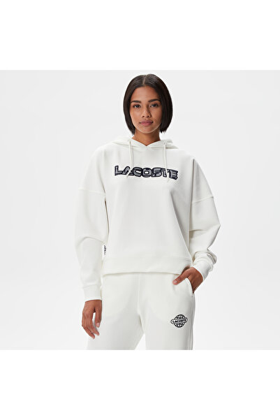 Lacoste Kadın Crop Fit Kapüşonlu Baskılı Beyaz Sweatshirt