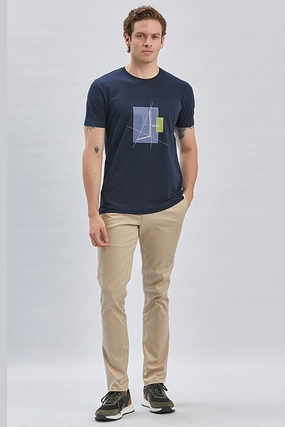 İmza Tricou casual slim cu decolteu cu imprimeu bleumarin închis 1011240167