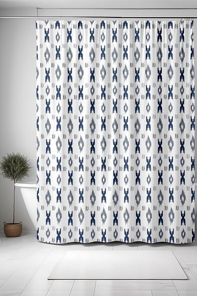 EVPANYA Γεωμετρική κουρτίνα μπάνιου Navy Blue Grey με σχέδιο Ikat - Κουρτίνα μπανιέρας 175x200cm