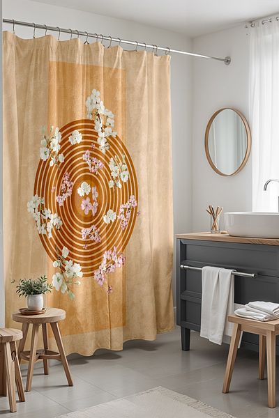 EVPANYA Κουρτίνα μπάνιου με σχέδια 175x200cm - Bohemian Circles και Ιαπωνικά άνθη κερασιάς