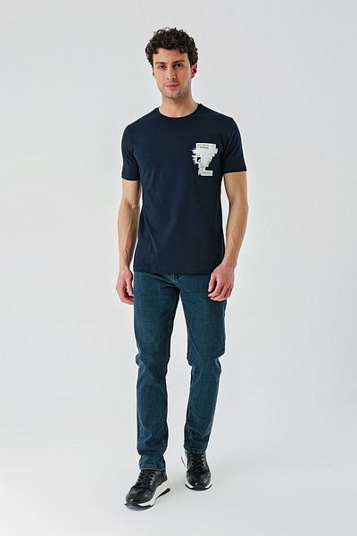 İmza Tricou casual slim cu decolteu cu imprimeu bleumarin închis 1011240166