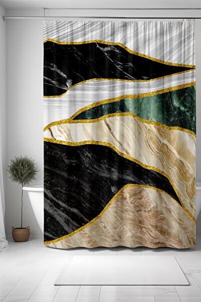 EVPANYA Занавіска для ванної кімнати, чорно-зелена з кремовим мармуровим візе...